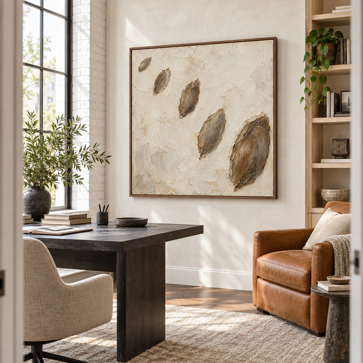 Earthen-Drift in an airy natural-light home office reading space.