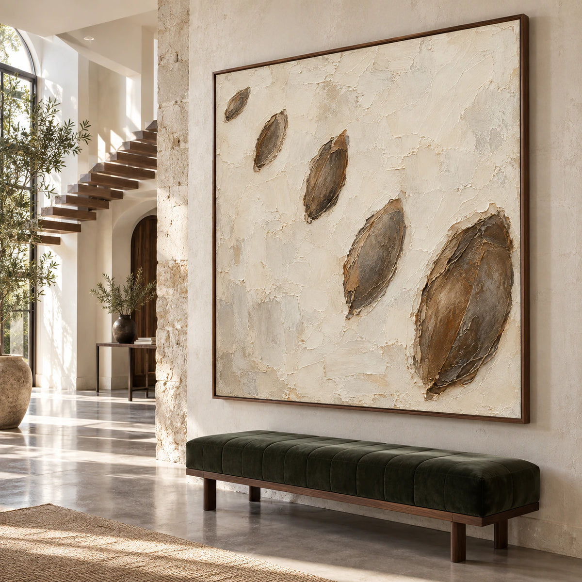 Earthen-Drift presented at gallery scale in a luminous foyer.
