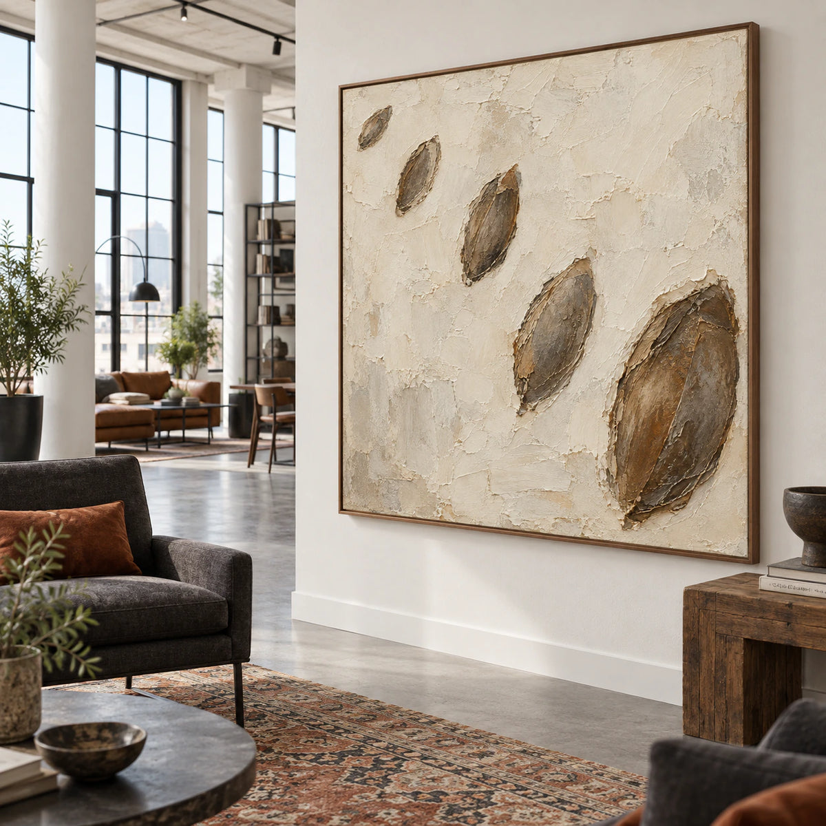 Earthen-Drift featured prominently in an expansive loft hospitality interior.