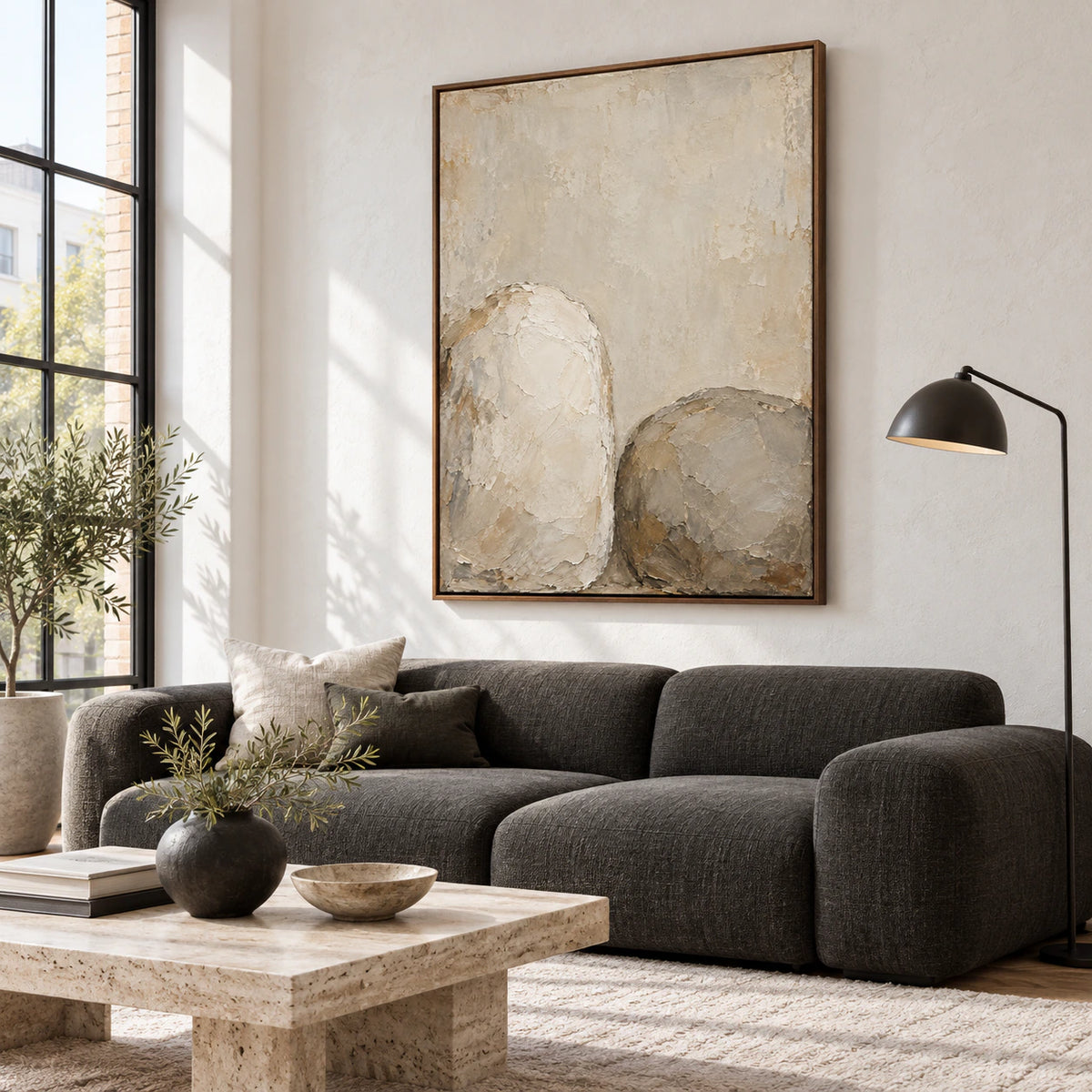 Earthen-Embrace above a sofa in a bright, restrained living room.