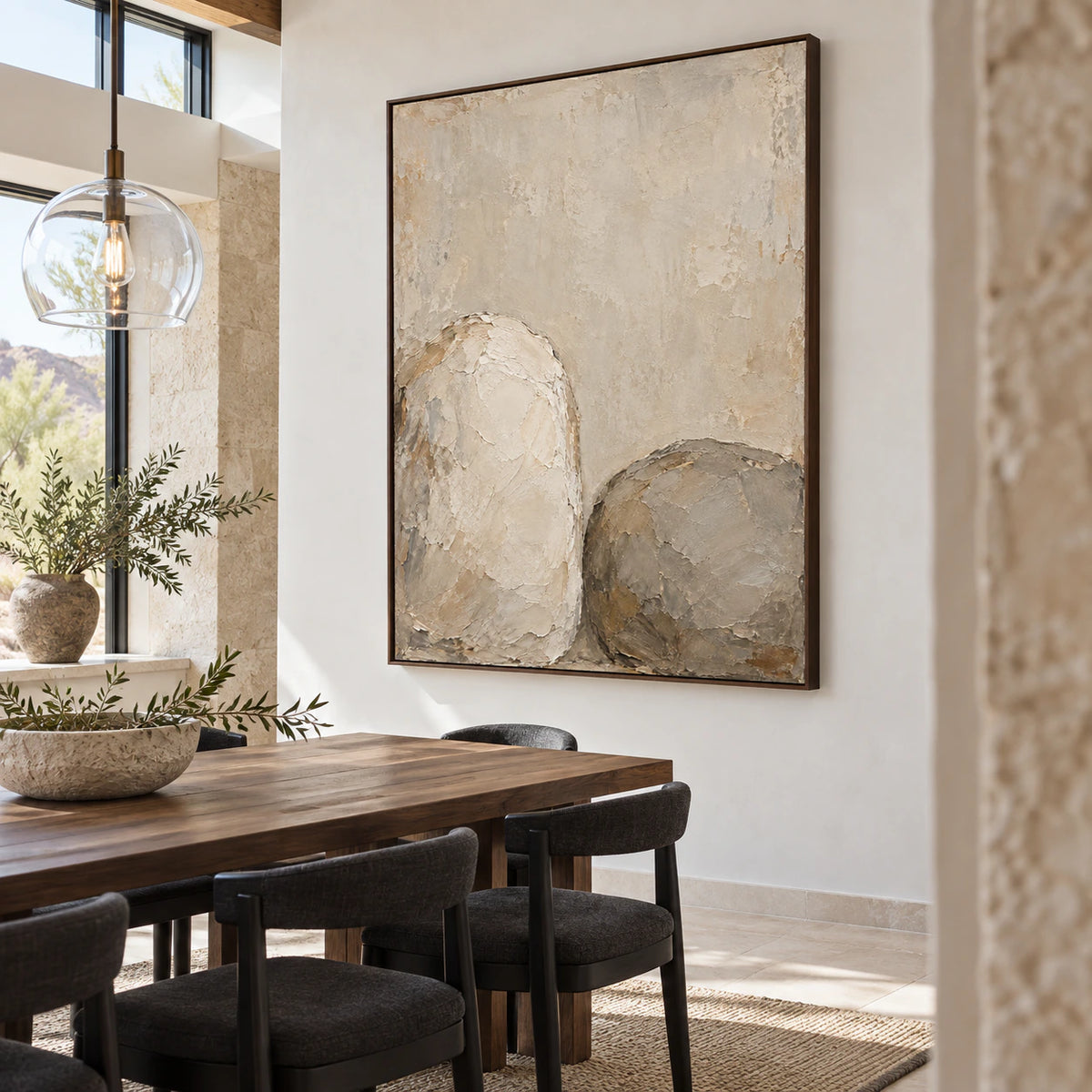 Earthen-Embrace as a large focal point in a refined daylight dining room.