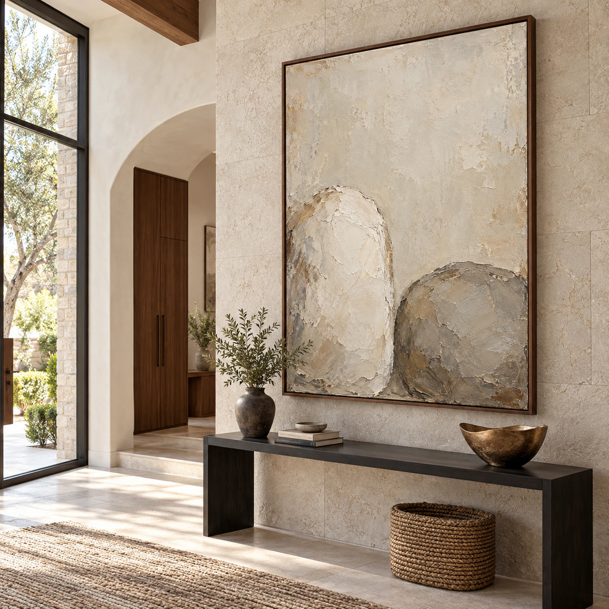 Earthen-Embrace presented at gallery scale in a bright foyer.
