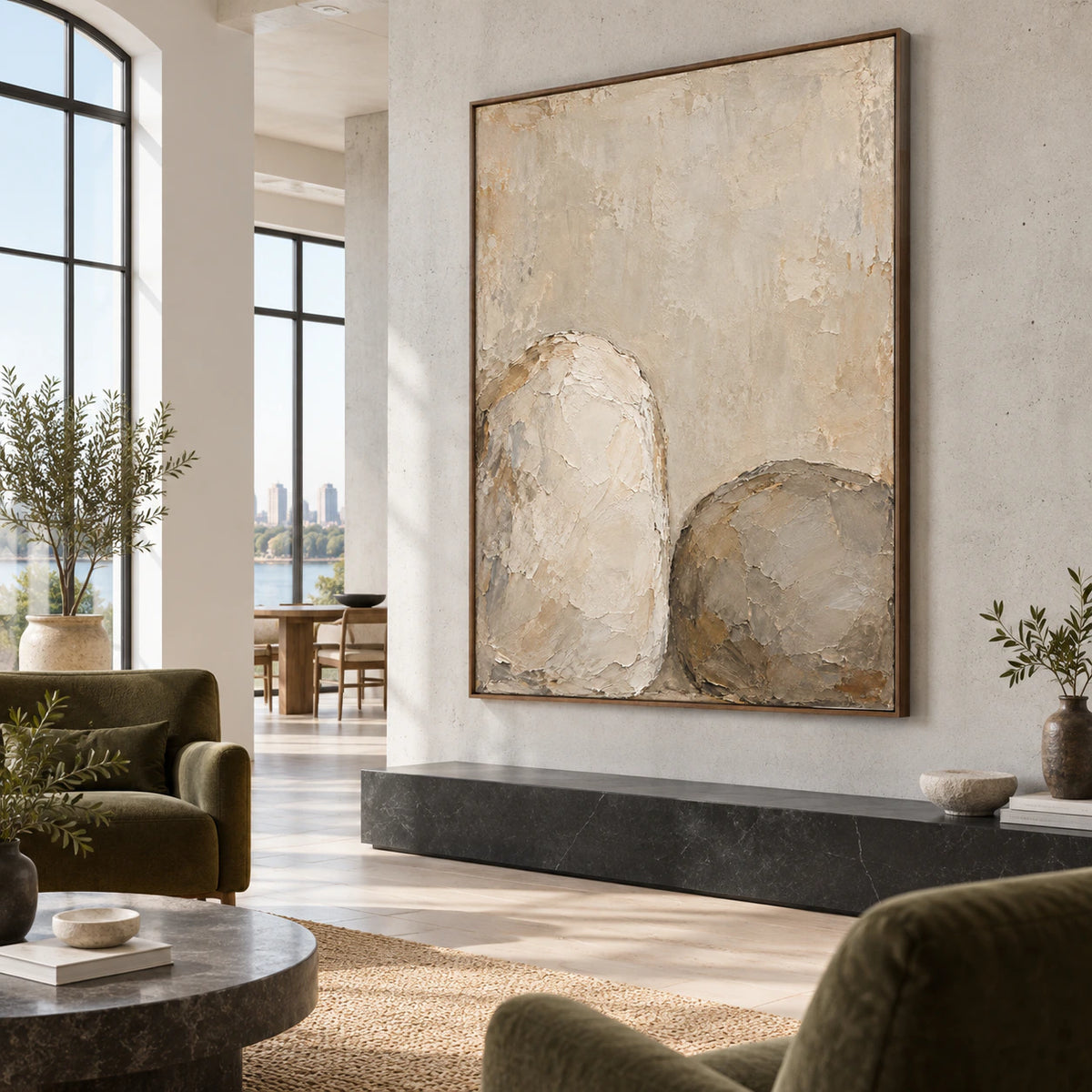 Earthen-Embrace anchoring an expansive daylight hospitality loft interior.