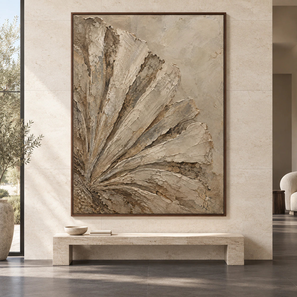 Earthen-Fan displayed at large scale straight-on in a bright, expansive architectural interior.