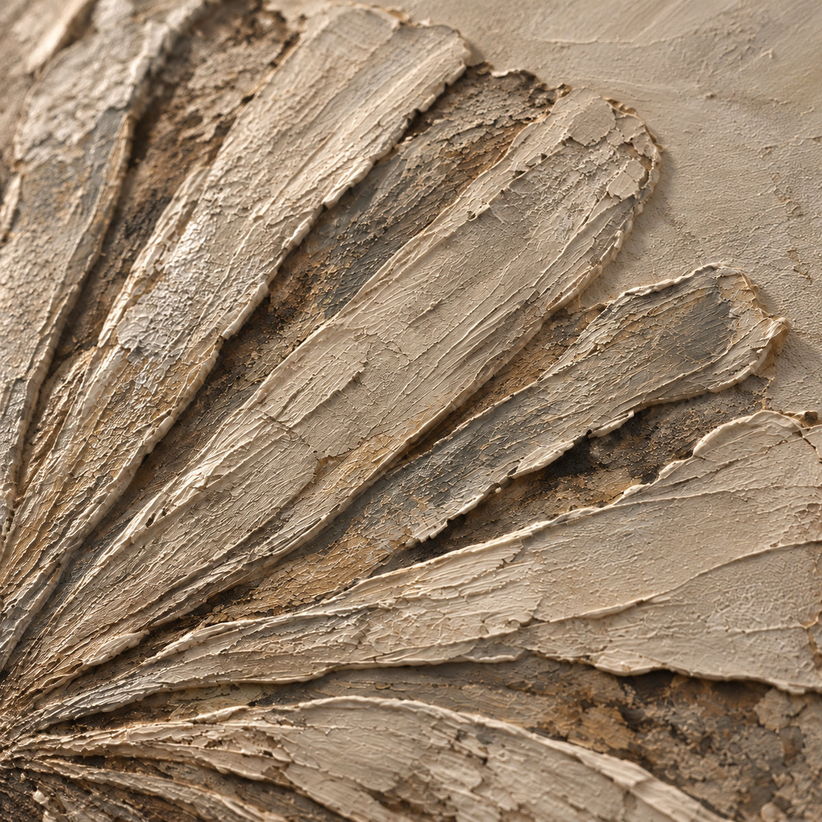 Earthen-Fan oil painting brushwork and impasto detail photographed from an oblique side angle