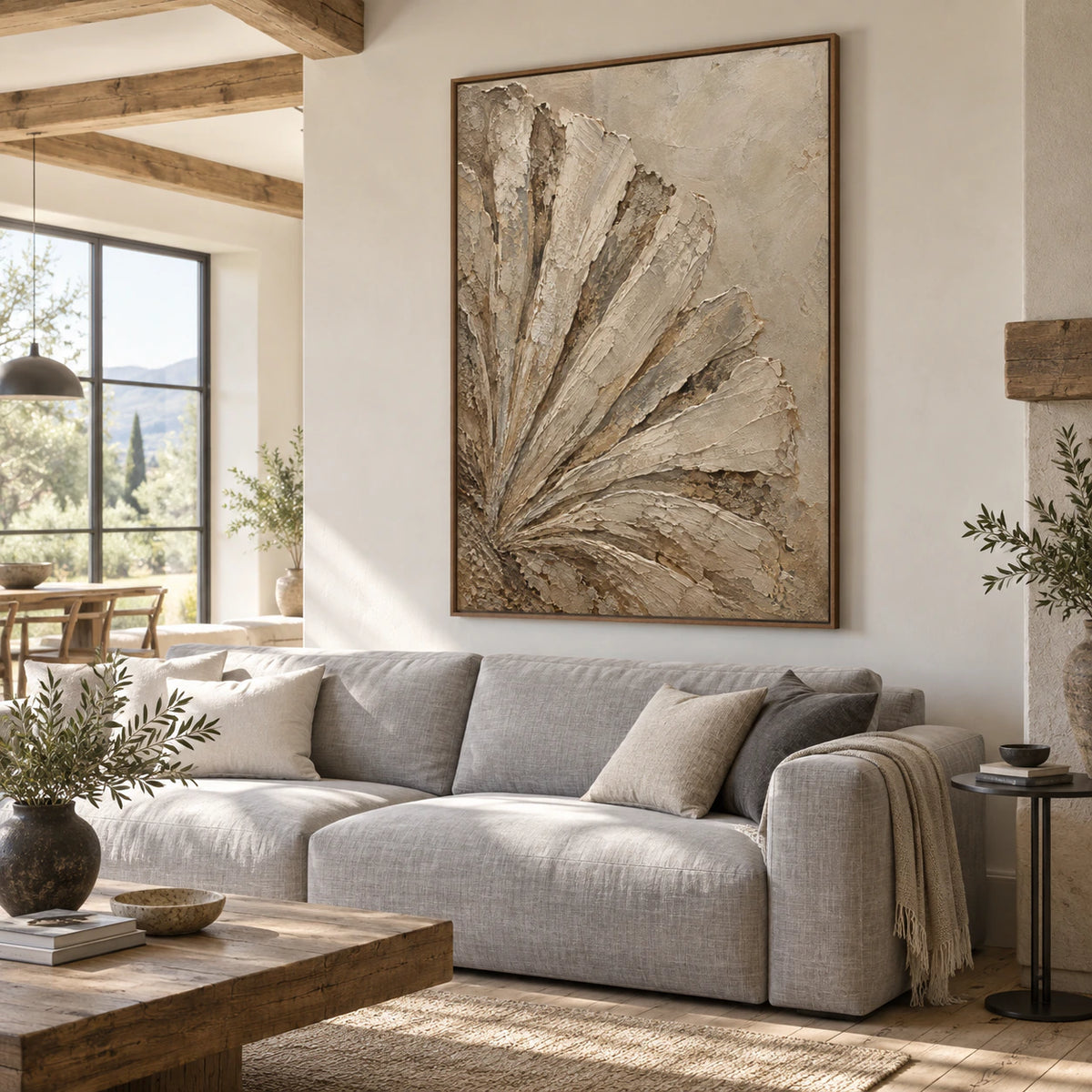 Earthen-Fan as a large focal artwork in a bright contemporary living room.