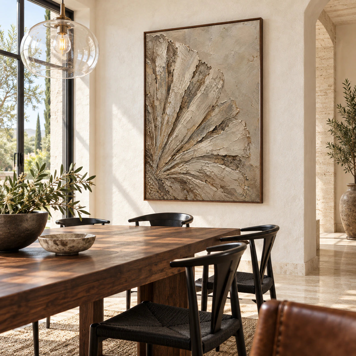 Earthen-Fan displayed prominently in a refined daylight-filled dining room.