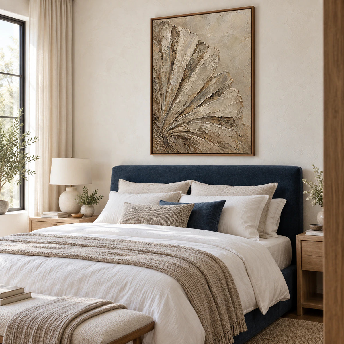 Earthen-Fan above a quiet bedroom setting with soft natural daylight.