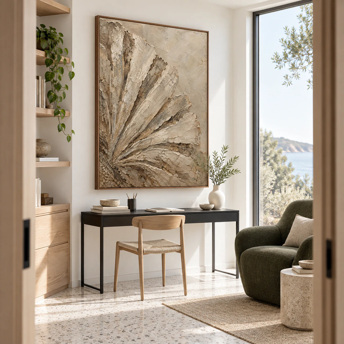 Earthen-Fan in an airy home office and reading space with open daylight.