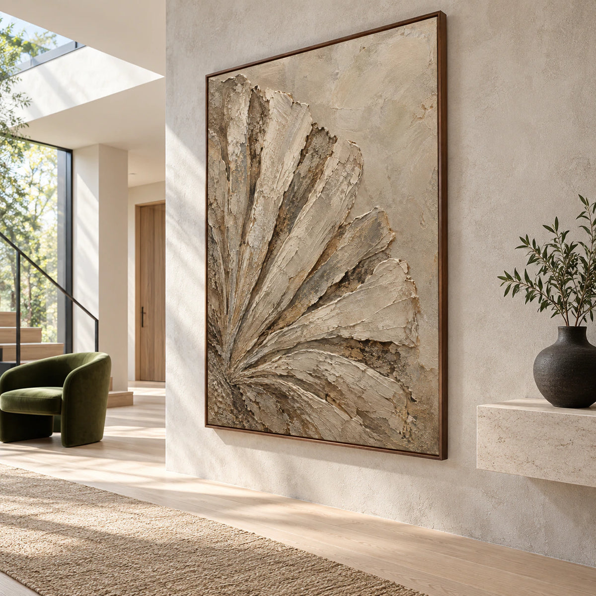 Earthen-Fan presented at gallery scale in a light-filled foyer.