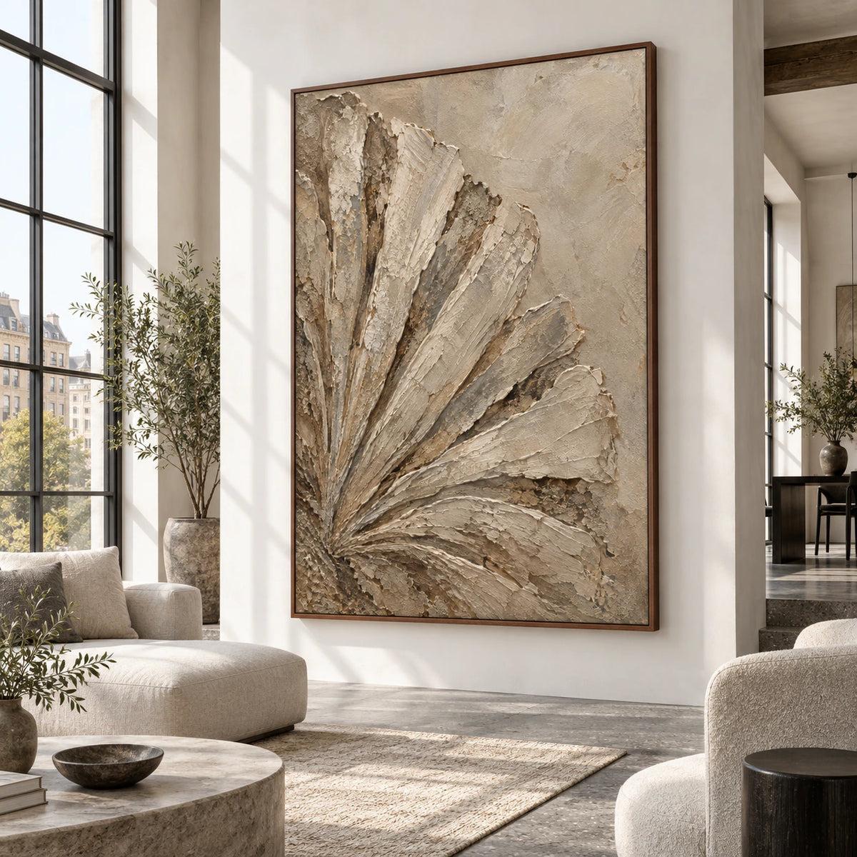 Earthen-Fan as a large statement artwork in an expansive loft hospitality interior.