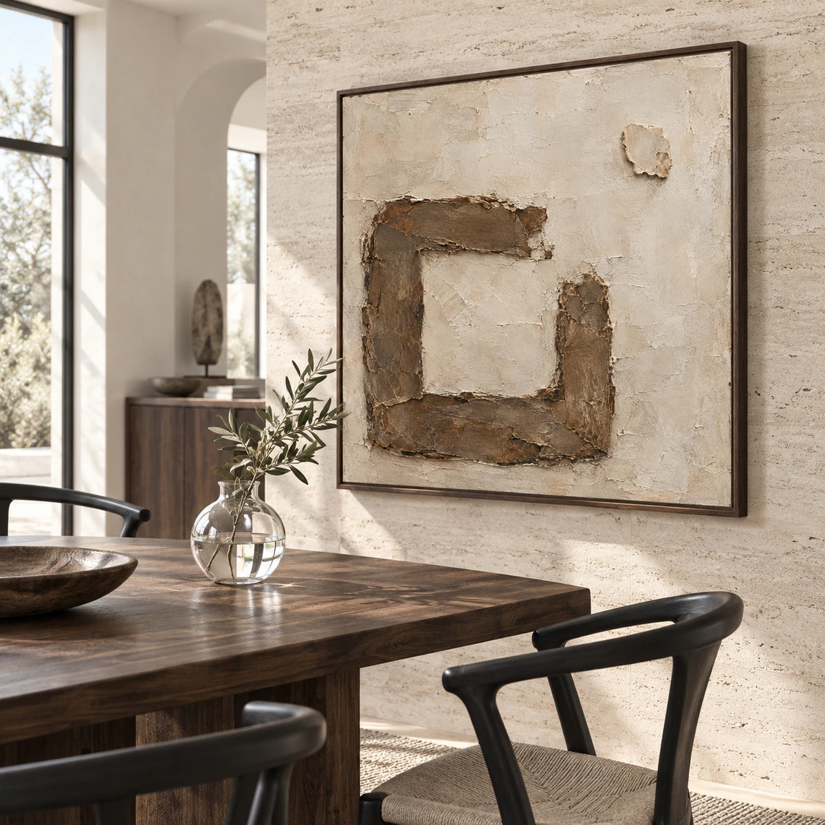 Earthen-Frame as the focal artwork in a refined daylight dining room.