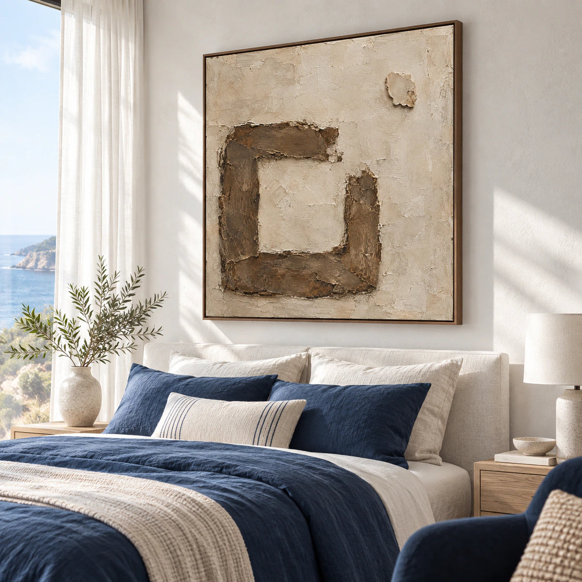 Earthen-Frame above a low bed in a quiet, softly lit bedroom.