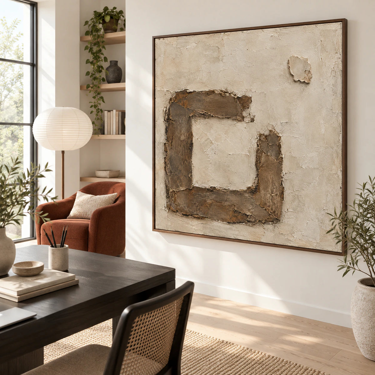 Earthen-Frame in an airy reading and home office space with natural daylight.