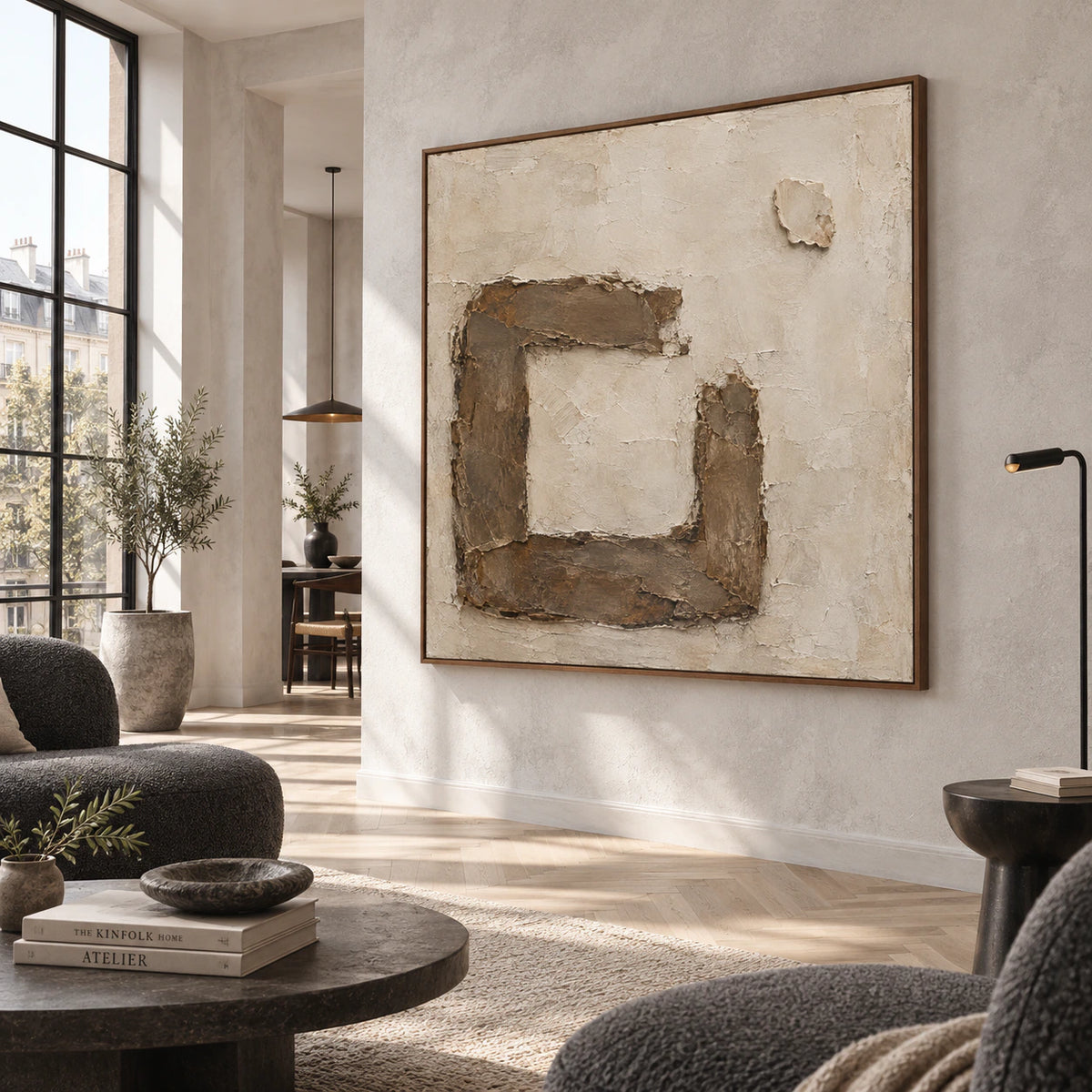 Earthen-Frame as a prominent focal point in an expansive hospitality loft.
