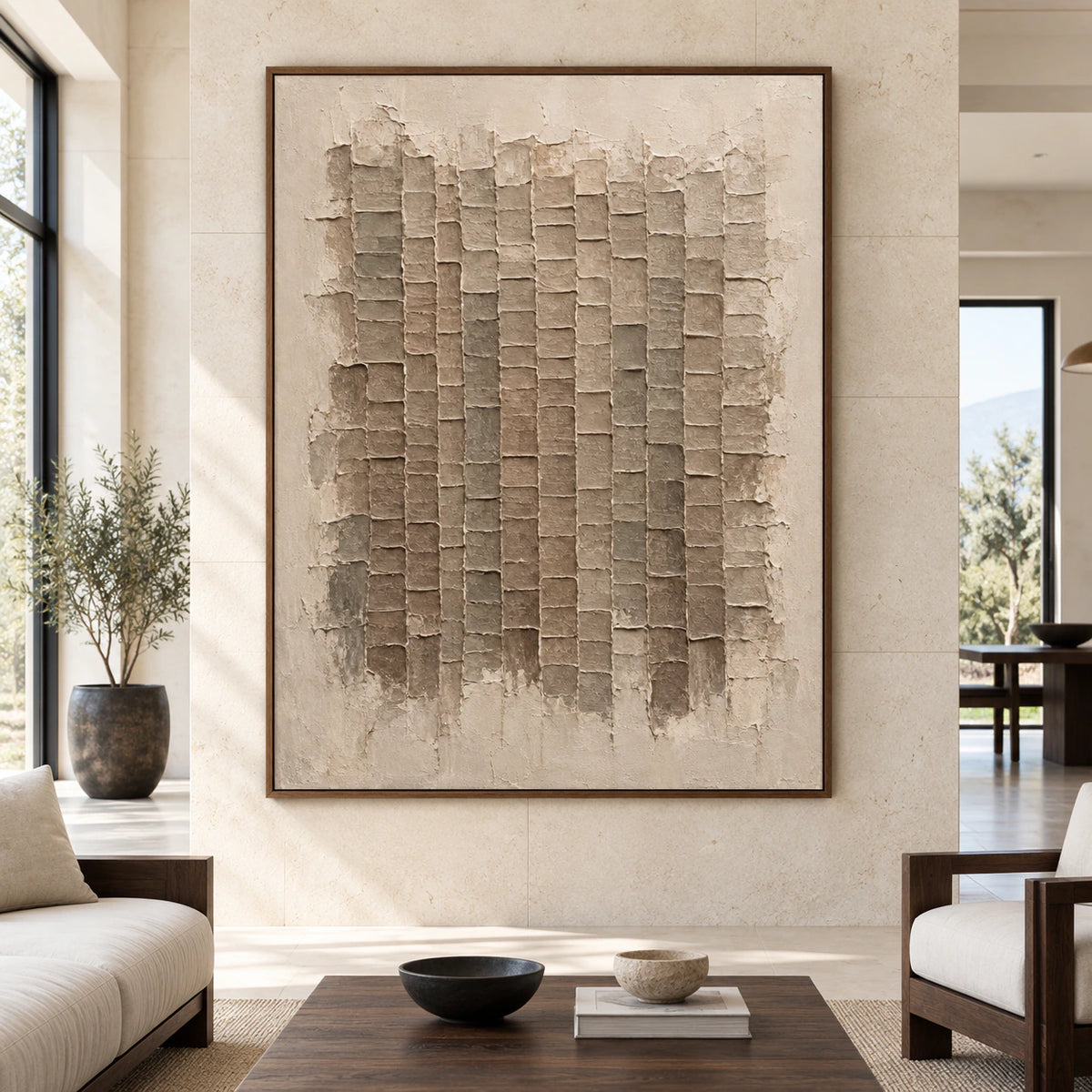 Earthen-Grid displayed large and straight-on in an open architectural living space.
