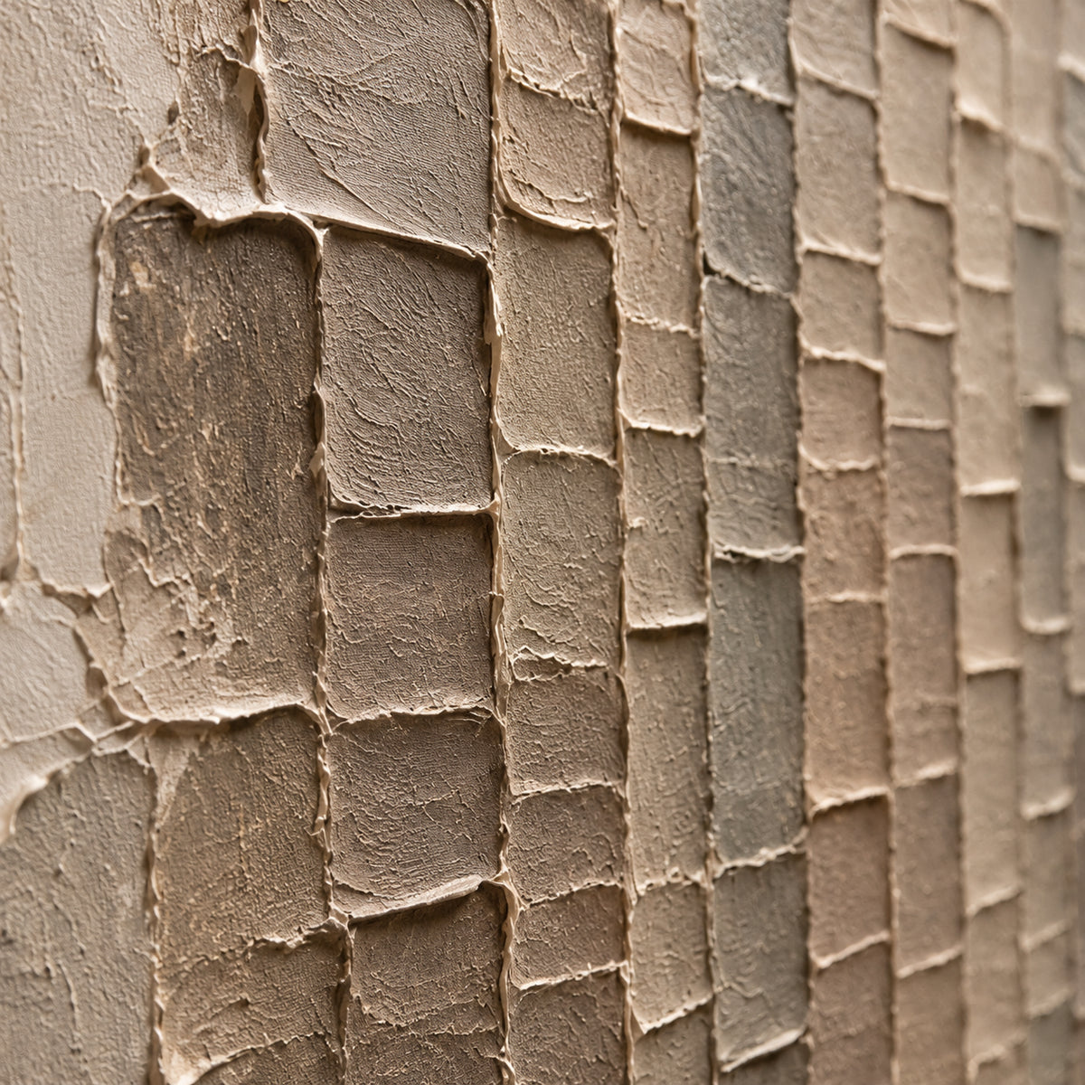 Earthen-Grid oil painting brushwork and impasto detail photographed from an oblique side angle