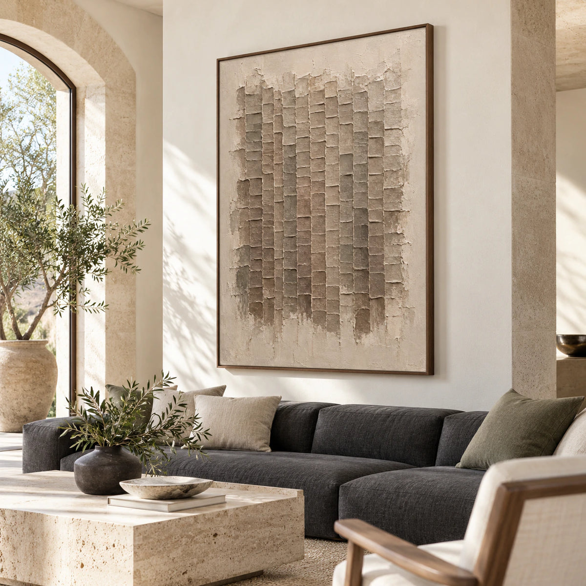 Earthen-Grid as the focal artwork in a bright contemporary living room.