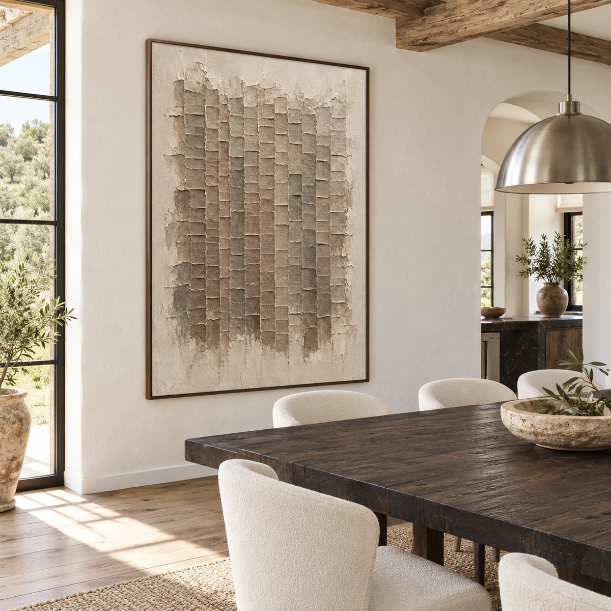 Earthen-Grid above a refined dining setting in a daylight-filled room.