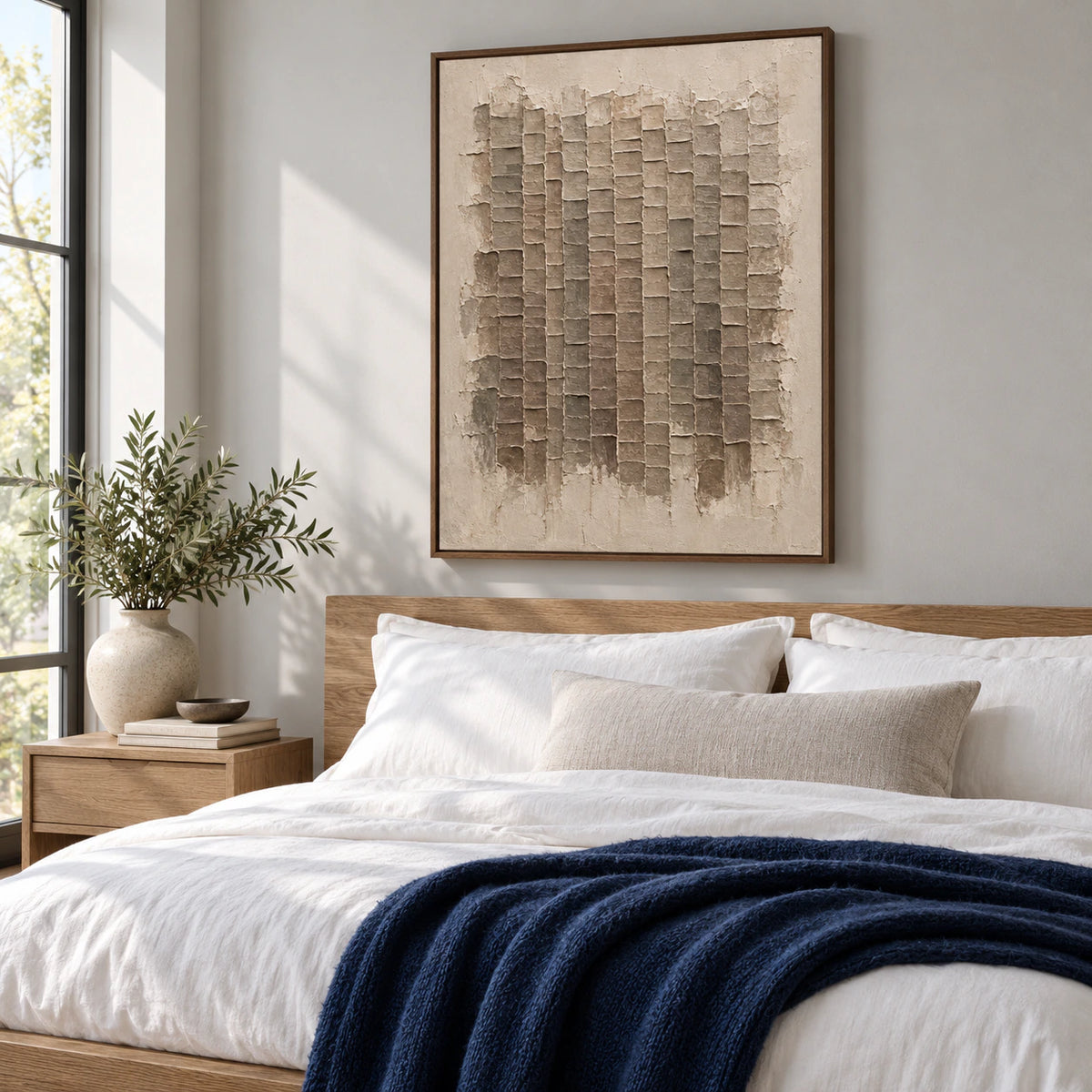 Earthen-Grid bringing tactile structure to a quiet neutral bedroom.