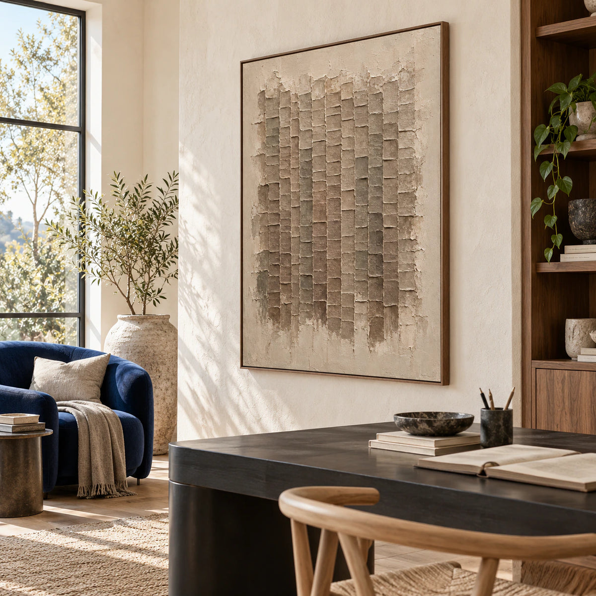 Earthen-Grid featured in an airy reading and home office space.