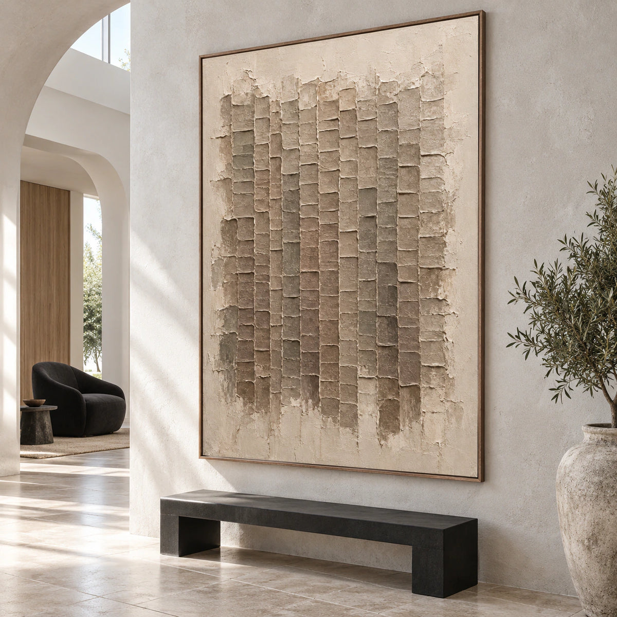 Earthen-Grid at gallery scale in a bright sculptural foyer.