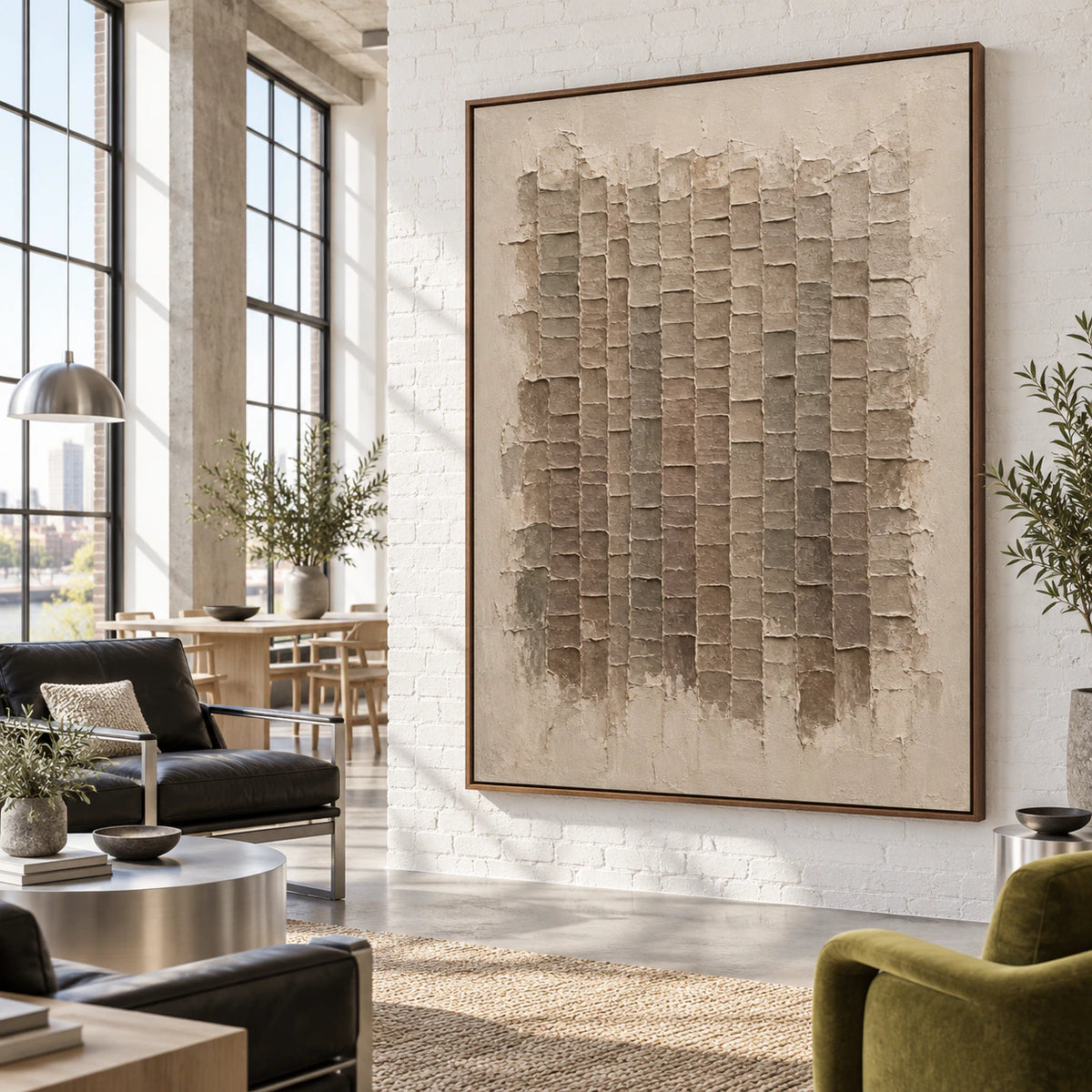 Earthen-Grid as a large focal artwork in an expansive loft hospitality interior.