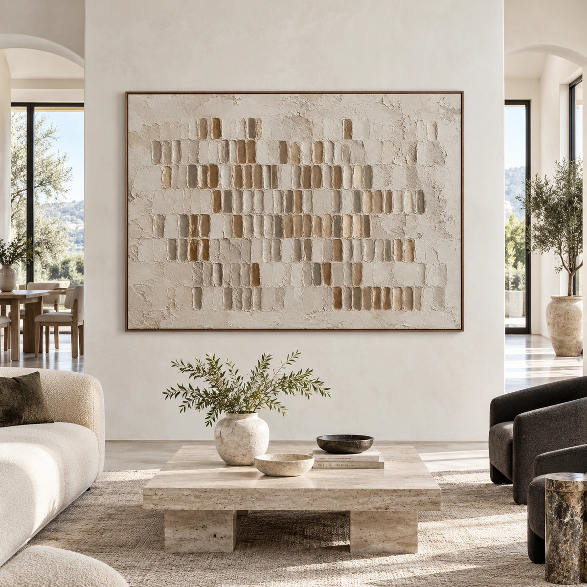 Earthen-Index displayed large and straight-on in a spacious daylight-filled architectural interior.