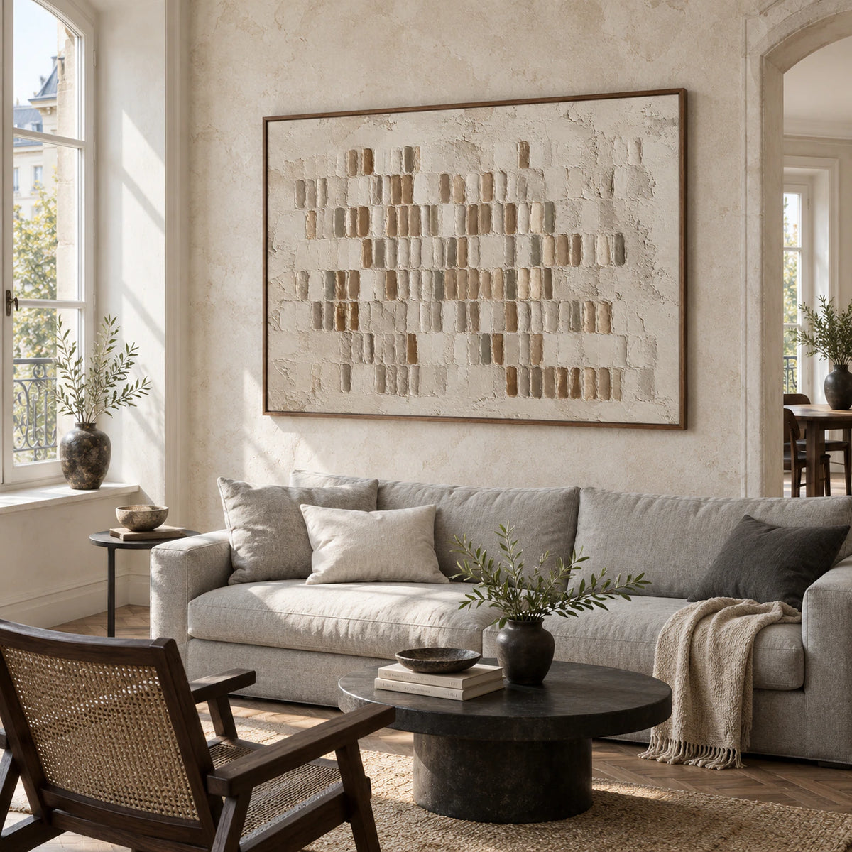 Earthen-Index as the focal point above a restrained sofa in a bright living room.