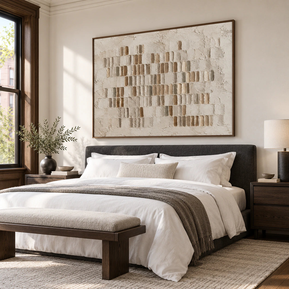 Earthen-Index anchoring a quiet bedroom with soft natural daylight.