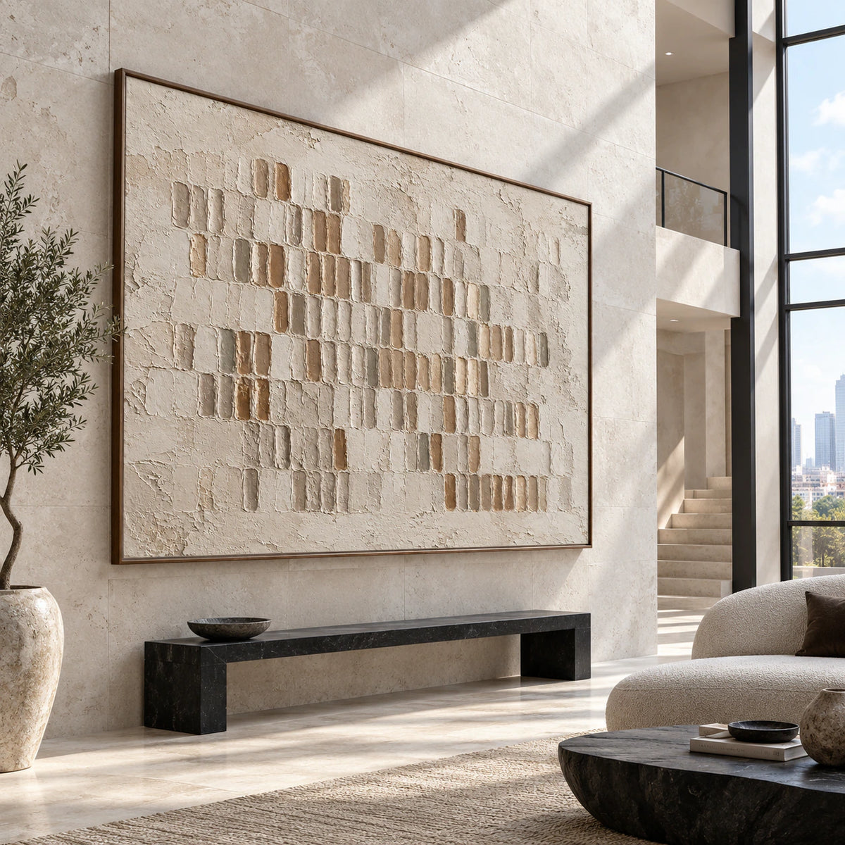 Earthen-Index presented at gallery scale in a luminous foyer.