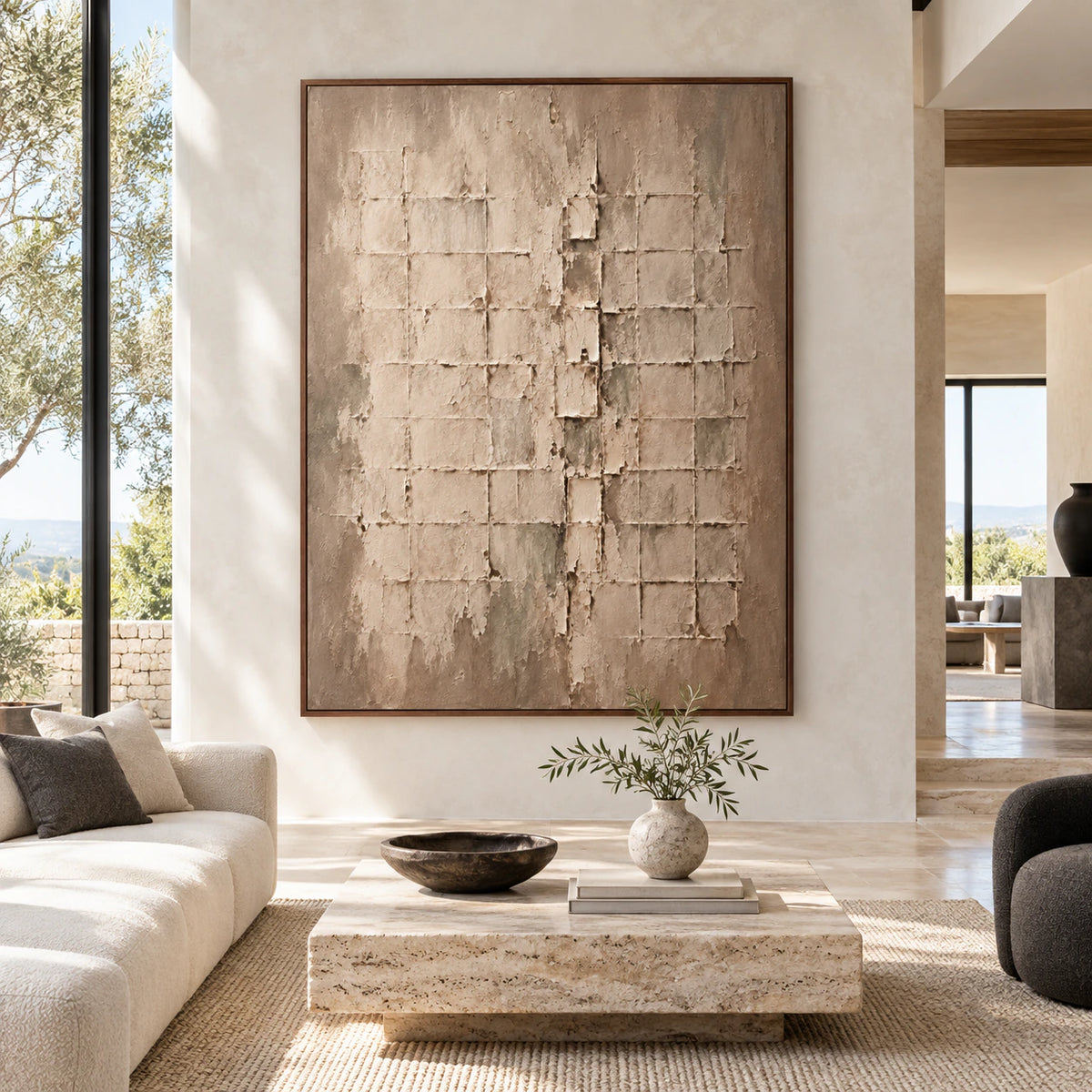 Earthen-Lattice displayed at large scale, straight-on in a bright architectural living space.