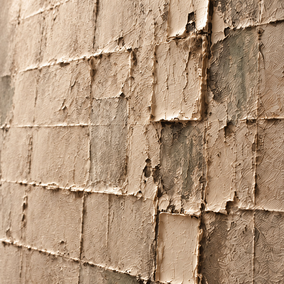 Earthen-Lattice oil painting brushwork and impasto detail photographed from an oblique side angle