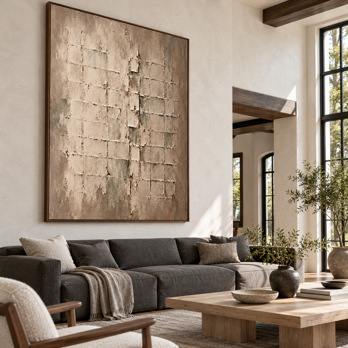 Earthen-Lattice as the focal artwork above a bright living room seating arrangement.