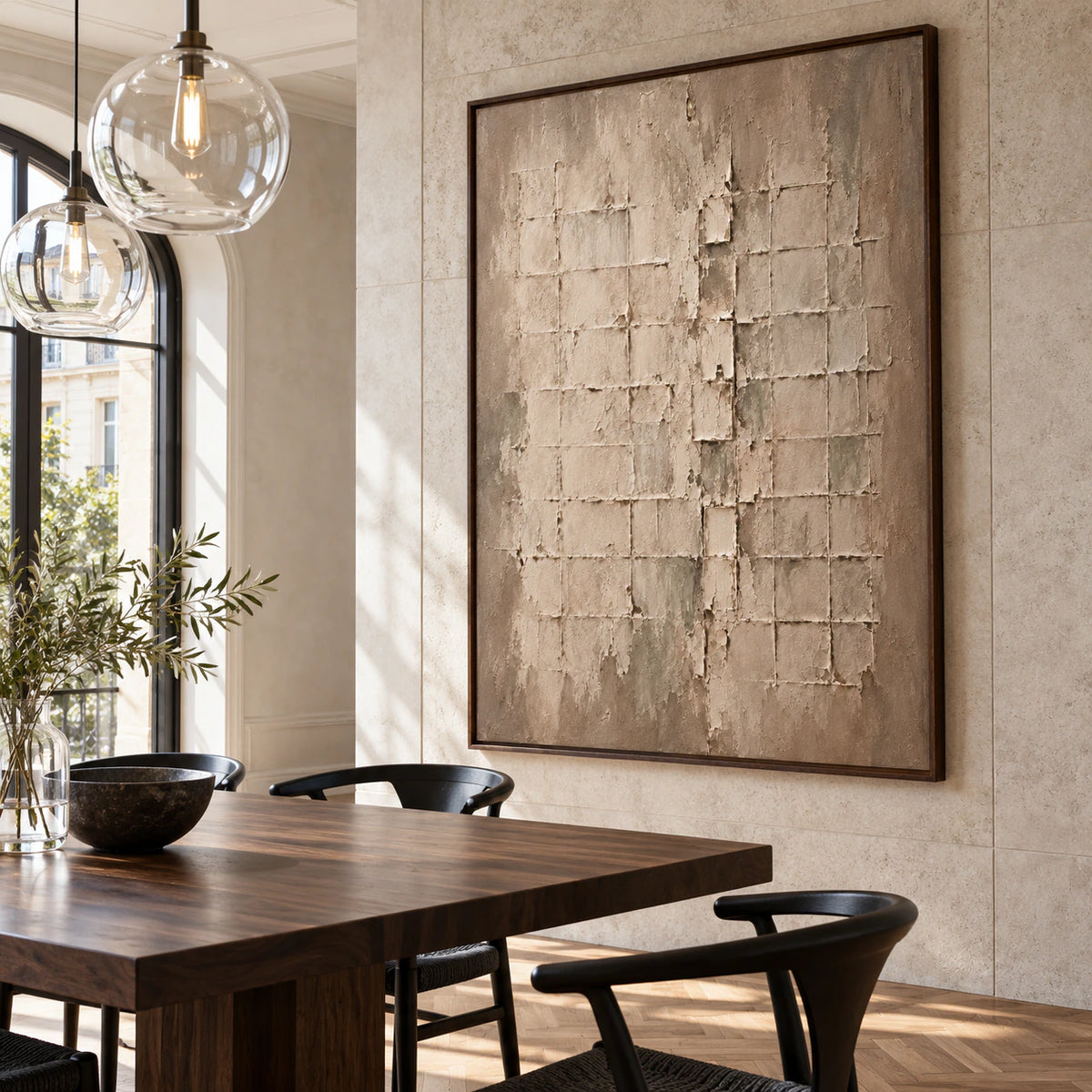 Earthen-Lattice at large scale in a refined daylight-filled dining room.