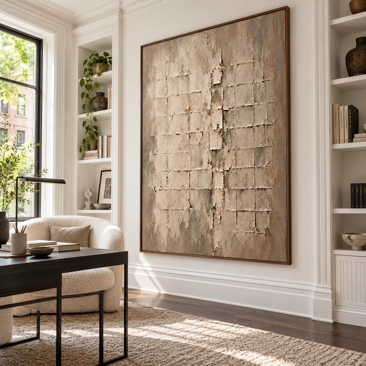 Earthen-Lattice displayed prominently in an airy home office reading space.