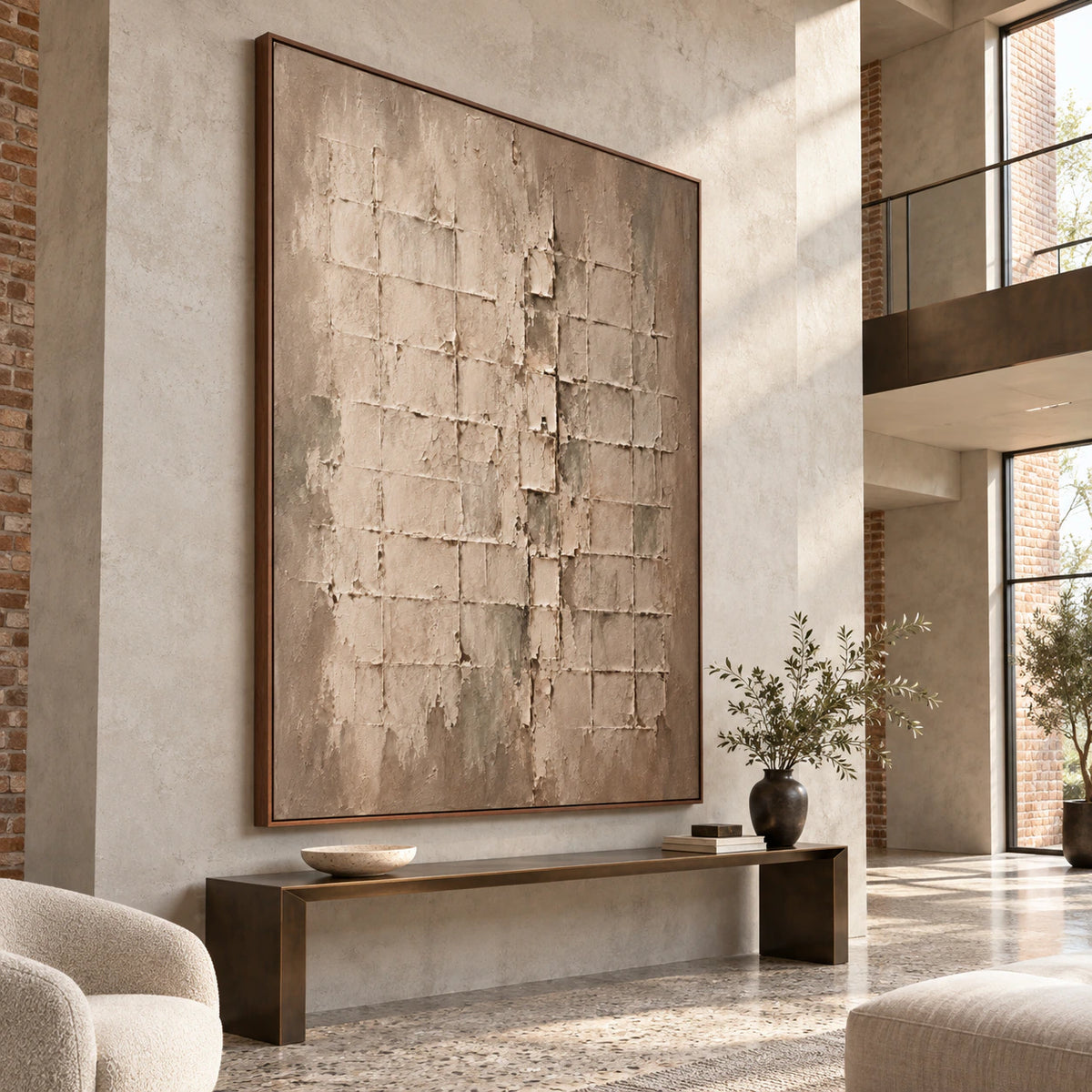 Earthen-Lattice presented at gallery scale in a sunlit foyer.