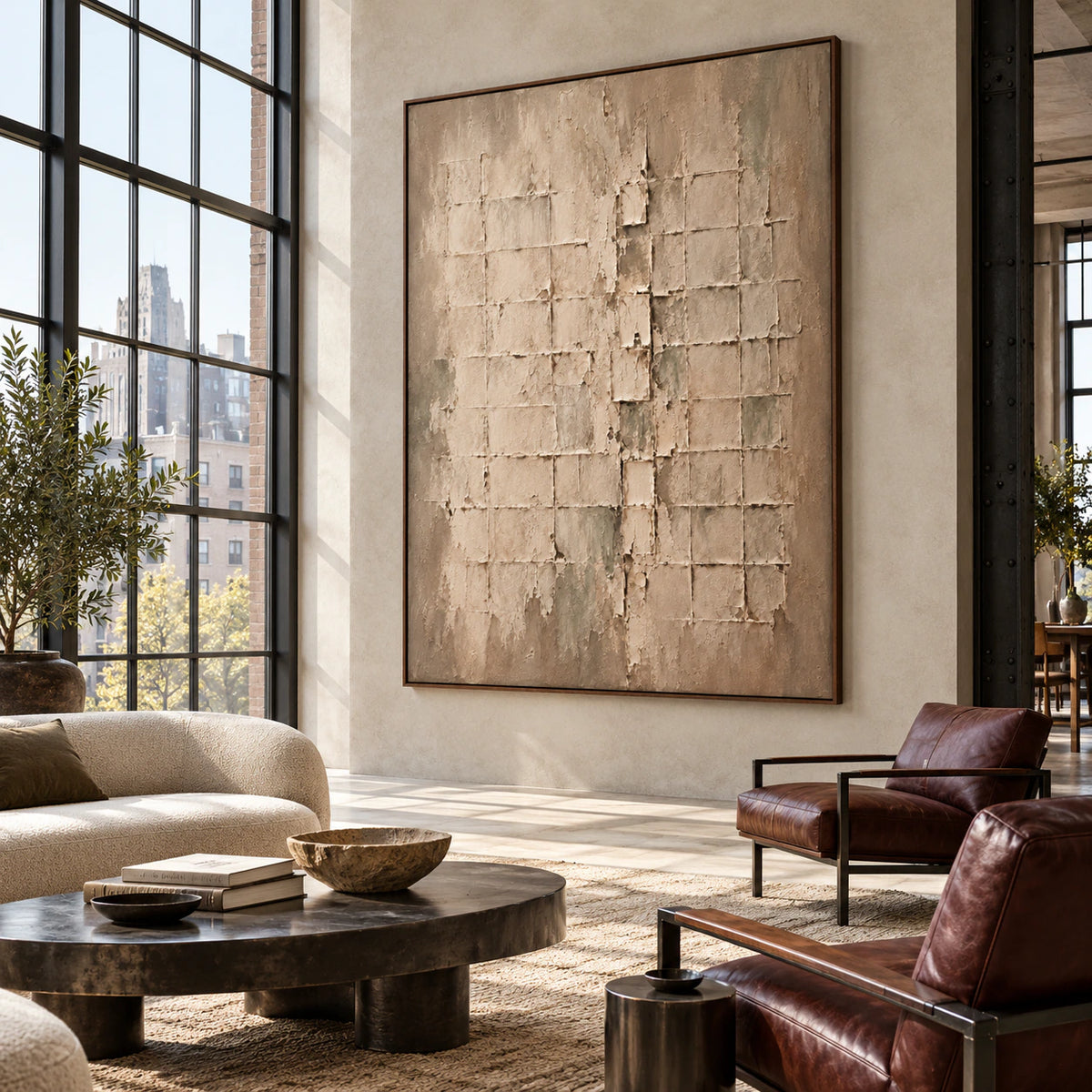 Earthen-Lattice featured at large scale in an expansive loft hospitality interior.
