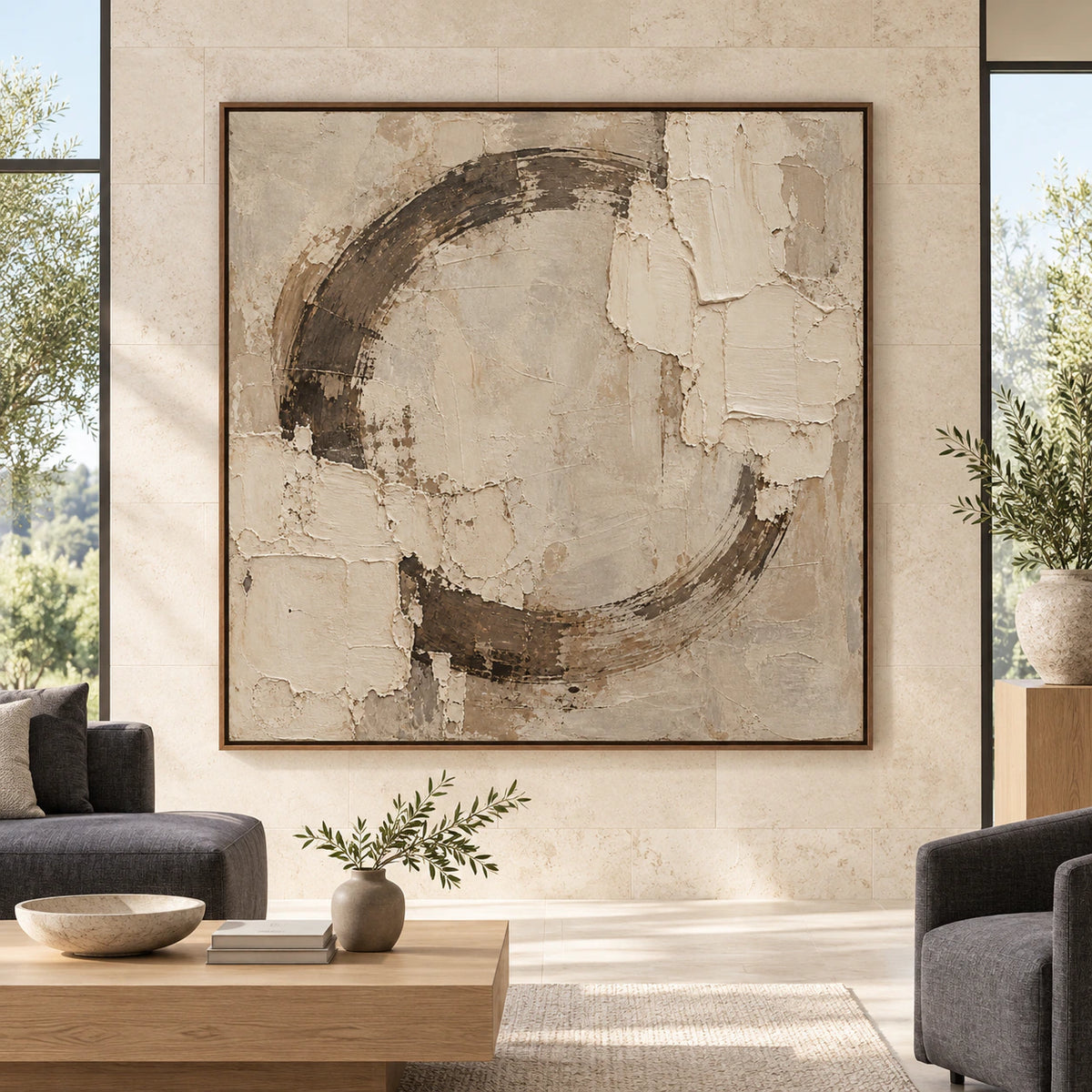 Large square Earthen-Orbit artwork displayed straight-on in a spacious daylight-filled interior.