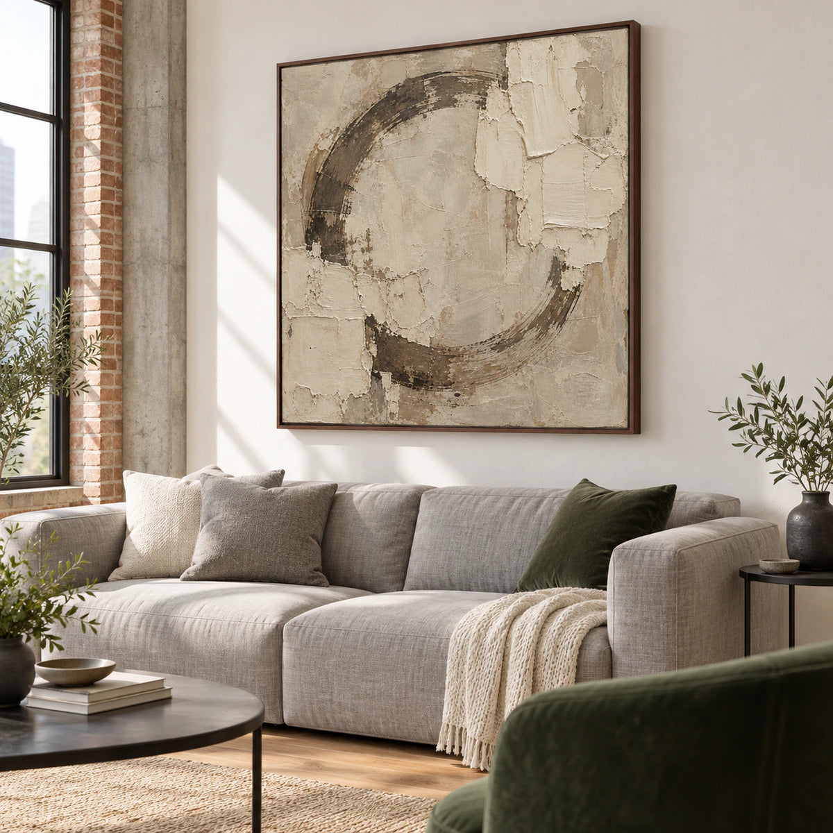 Earthen-Orbit as the focal artwork in a bright contemporary living room.