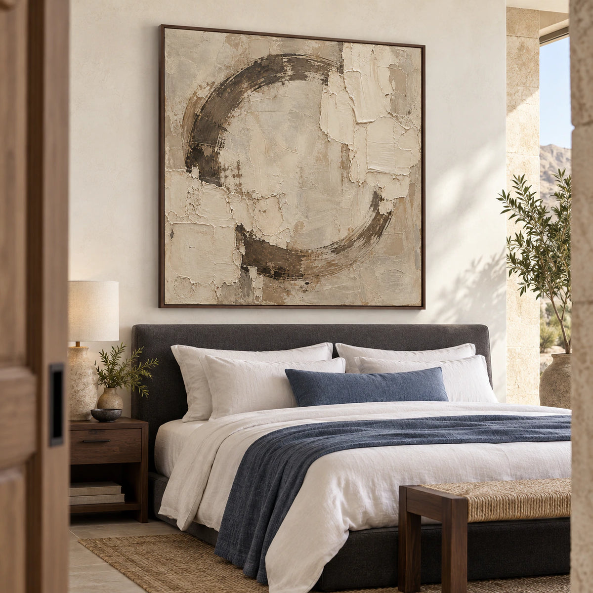 Earthen-Orbit bringing textured calm to a quiet, light-filled bedroom.