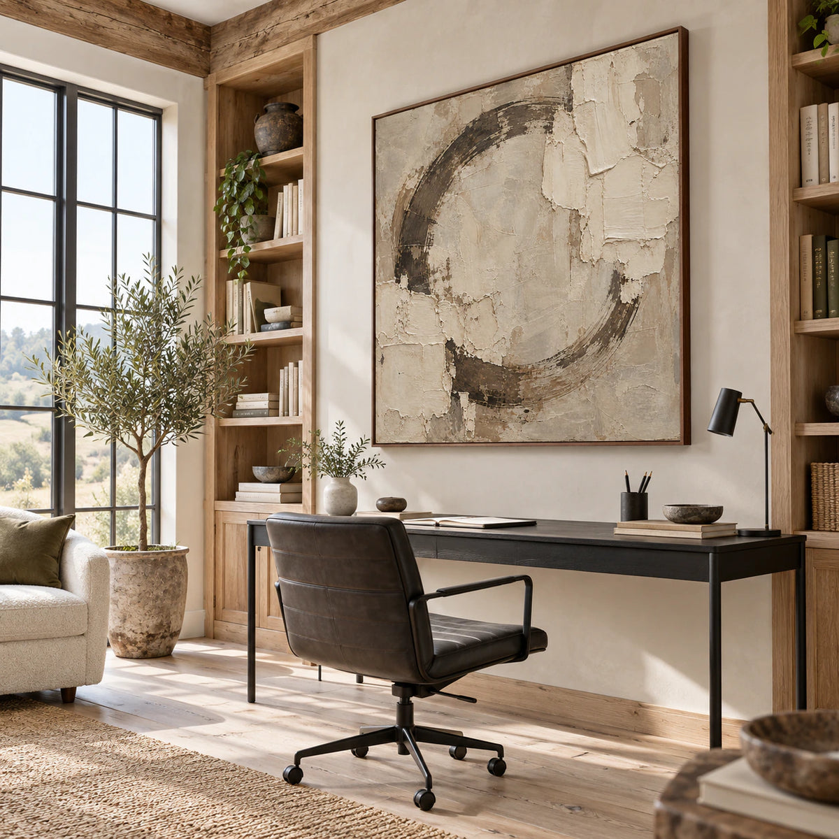 Earthen-Orbit featured in an airy reading and home-office space.