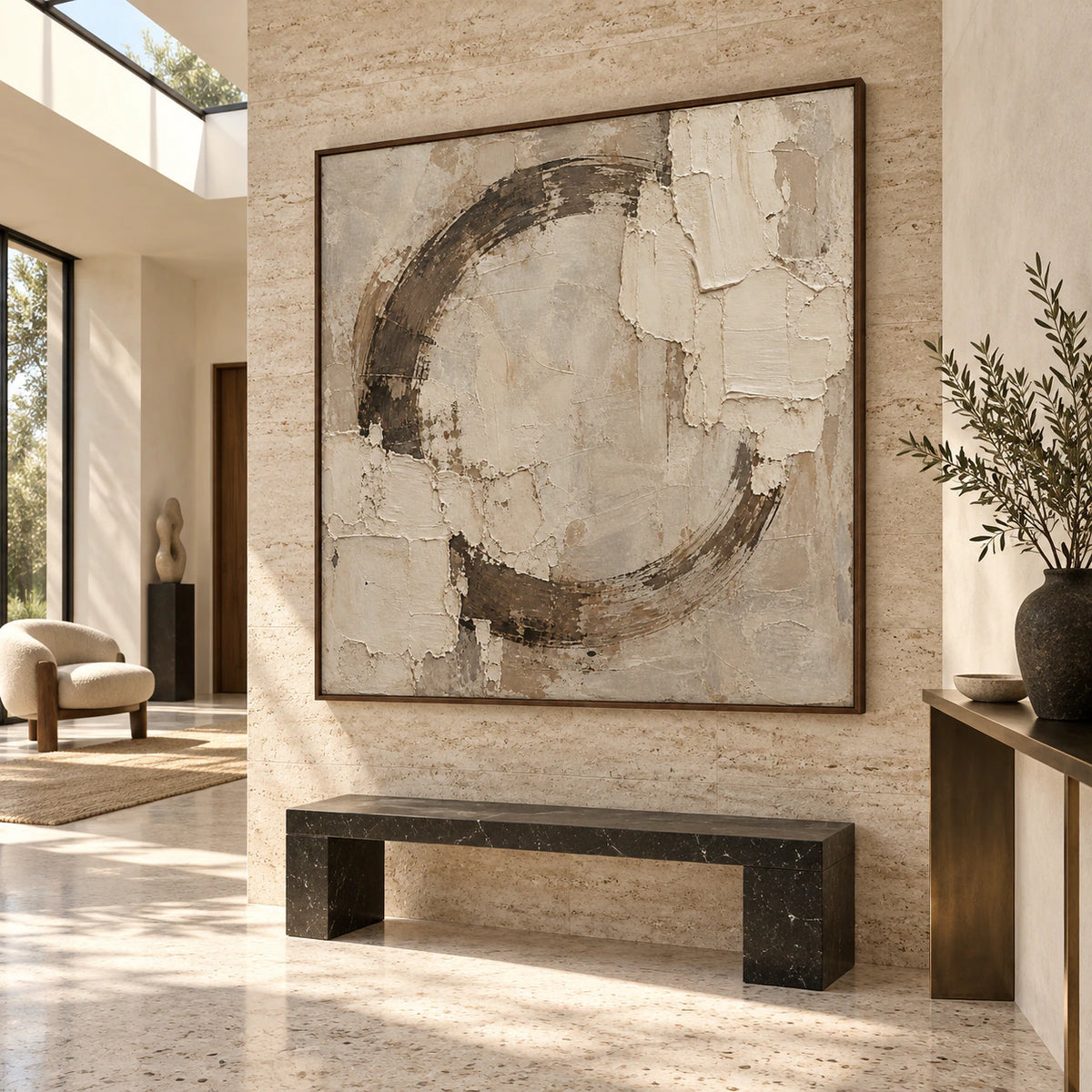 Earthen-Orbit at gallery scale in a bright architectural foyer.