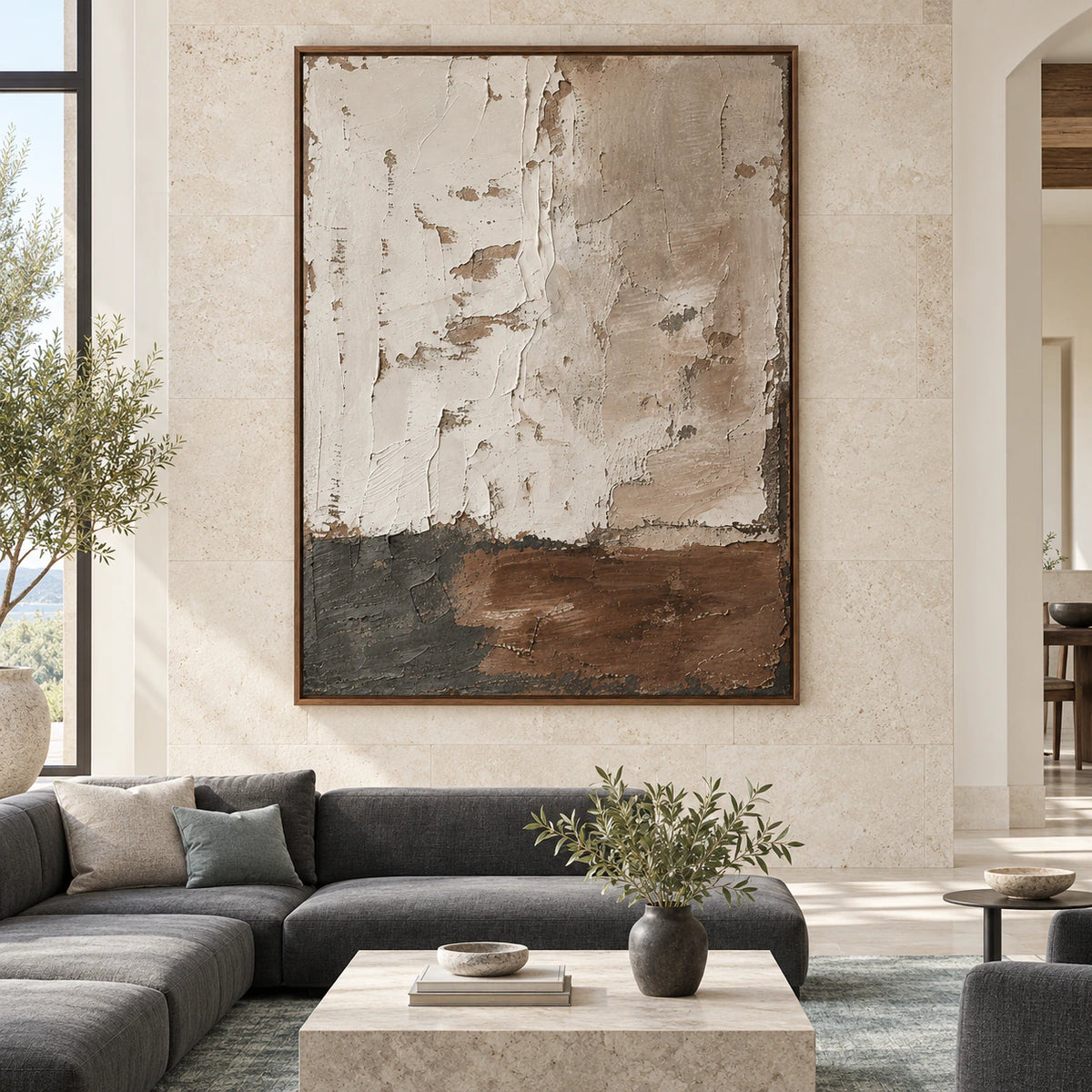 Large vertical ivory, taupe, umber and charcoal textured abstract wall art in a spacious architectural interior.
