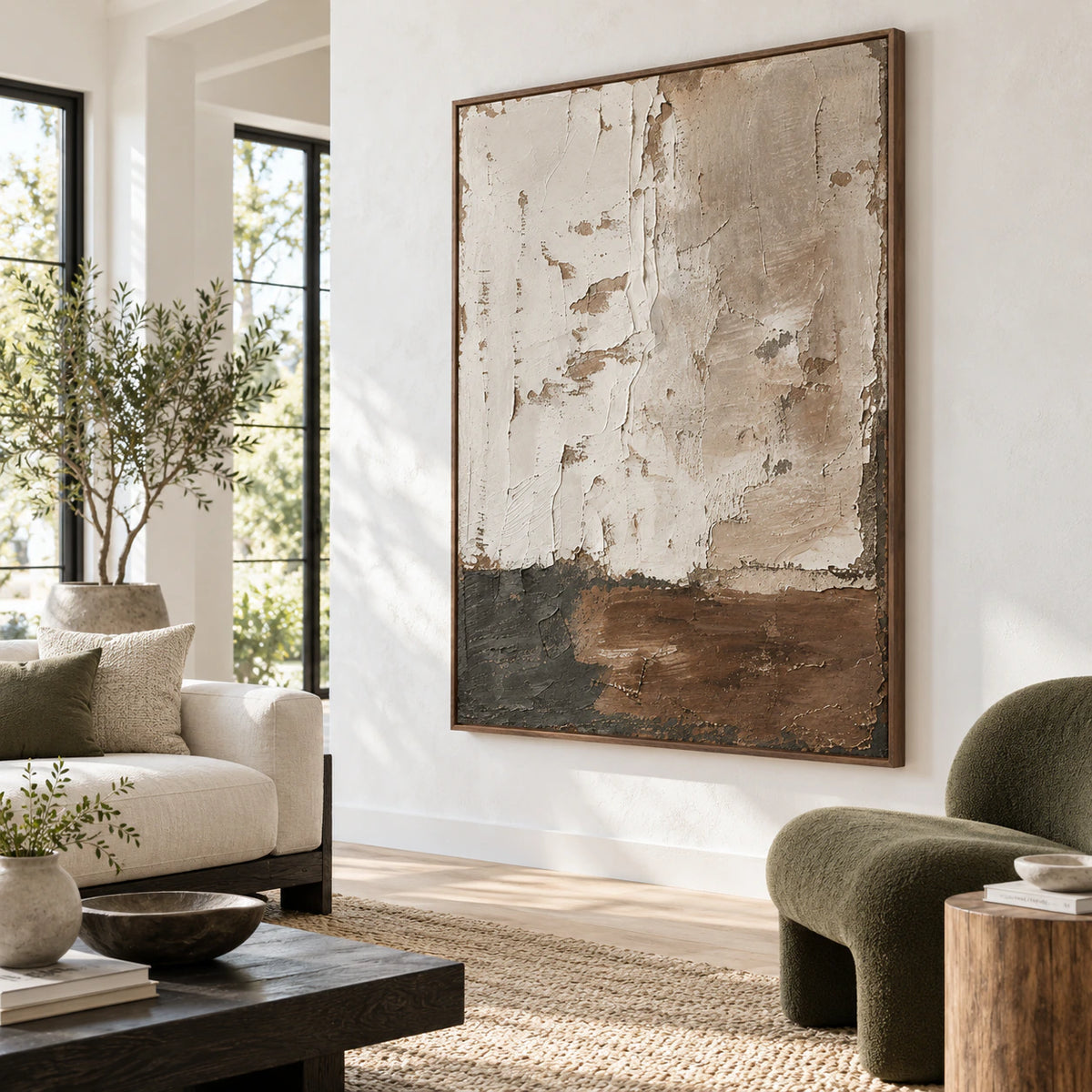 Vertical textured abstract wall art above a sofa in a bright living room.