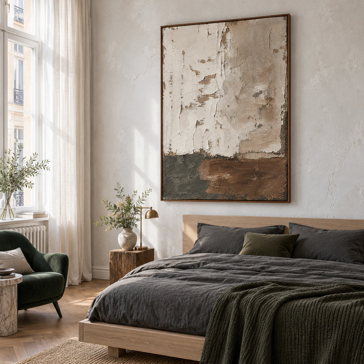 Vertical textured abstract wall art in a quiet, naturally lit bedroom.