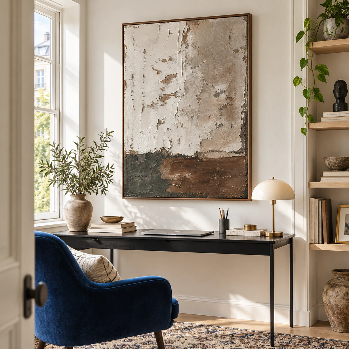 Vertical textured abstract wall art in an airy reading and home office space.