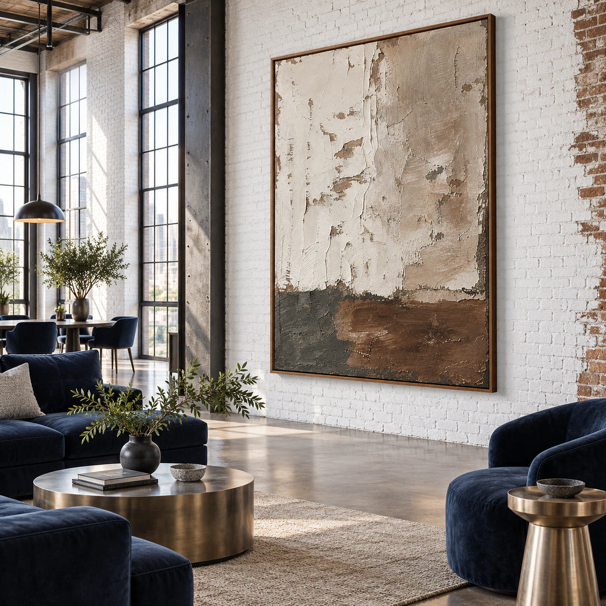 Vertical textured abstract wall art in an expansive daylight loft interior.