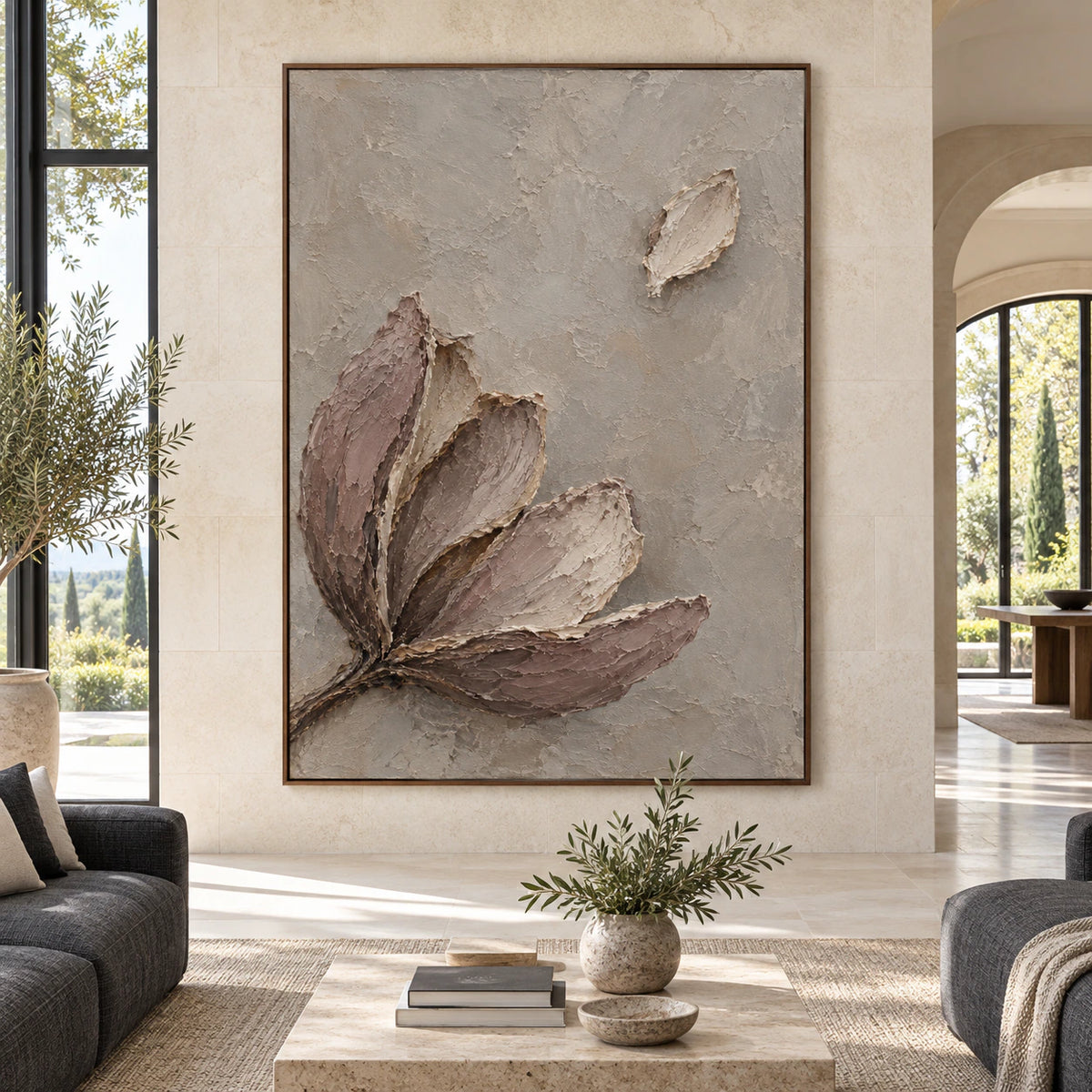 Large vertical botanical painting displayed straight-on in a spacious daylight-filled architectural living room.