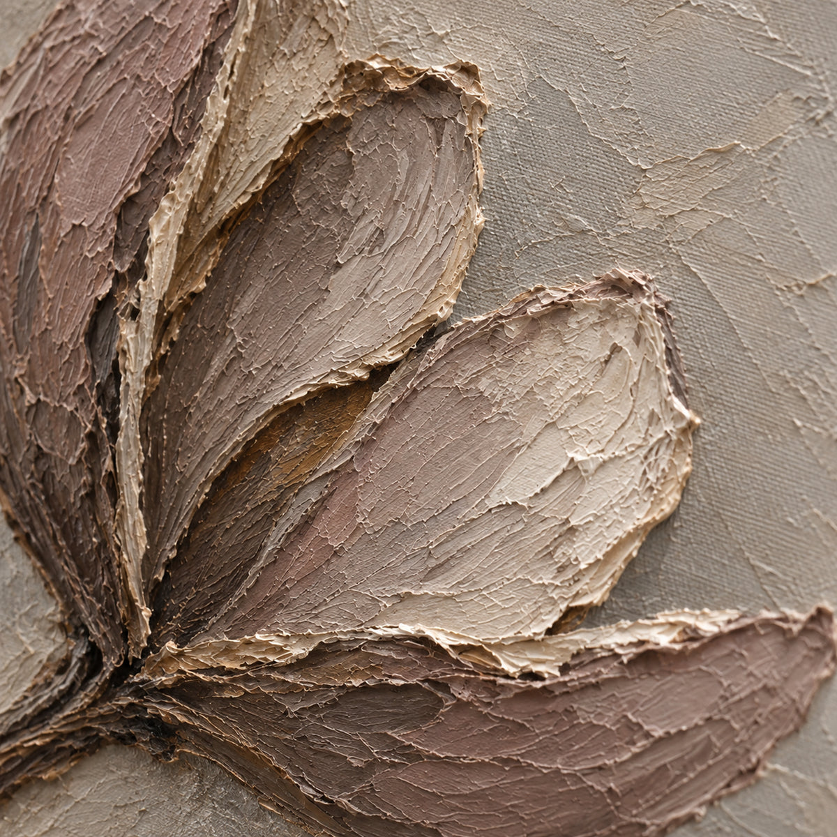 Earthen-Petal oil painting brushwork and impasto detail photographed from an oblique side angle